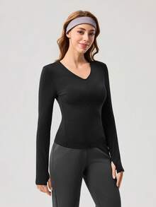 OutZeal 女士运动T恤 黑色瑜伽健身服 速干长袖V领修身上衣 - 黑色 - 查看 7