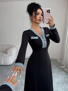 Rafferiza 女士优雅V领拼布连衣裙 - 彩色 - 查看 6