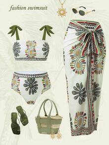 Swim Oasis 2026新款春夏女士三件套泳装，印花泳衣，短裤和裙子，优雅休闲海滩度假装 - 彩色 - 查看 1