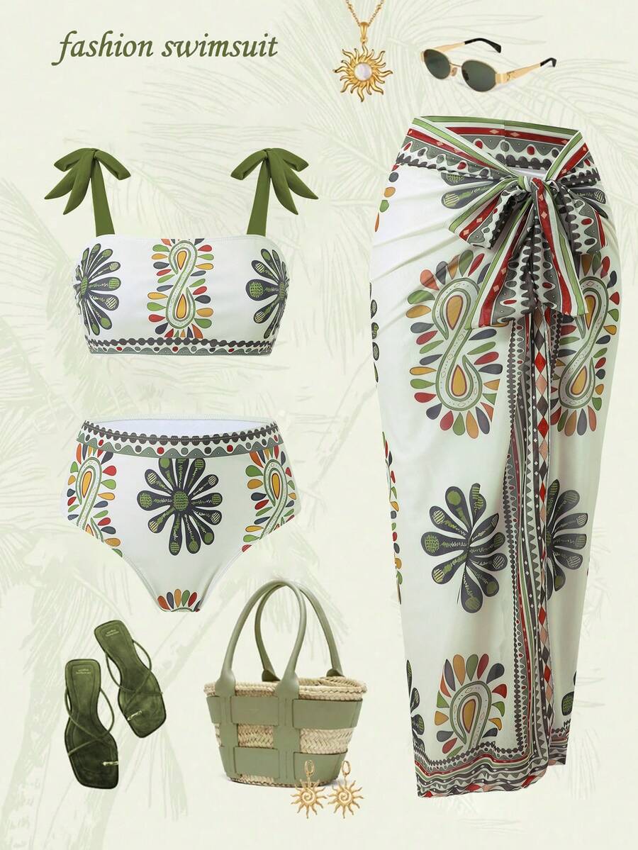 Swim Oasis 2026新款春夏女士三件套泳装，印花泳衣，短裤和裙子，优雅休闲海滩度假装 - 彩色 - 查看 1