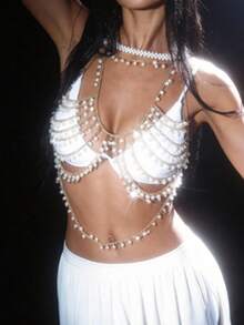 Opulessa Áo croptop cổ yếm gợi cảm dành cho nữ, đính ngọc trai giả, kiểu dây xích, thích hợp cho kỳ nghỉ. - Vàng - Xem 5