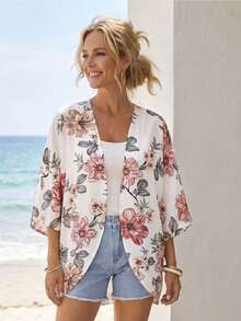 EMERY ROSE Floral Print Batwing Sleeve Kimono Without Camisole Summer - Multicolor - View 5