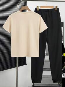 SHEIN 青少年男童休闲简约Y2K风格宇航员元素运动宽松舒适时尚简约圆领短袖T恤和裤子套装，适合春夏日常休闲穿着 - 彩色 - 查看 3