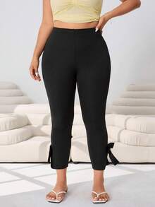 Solflare Plus Size Women's Solid Color Bow Decor Capri Pants, Spring/Summer - Black - View 4