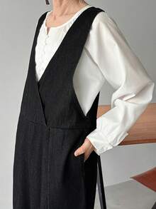 FRIFUL 女士V领褶皱休闲日常牛仔连体裤 - 黑色 - 查看 6