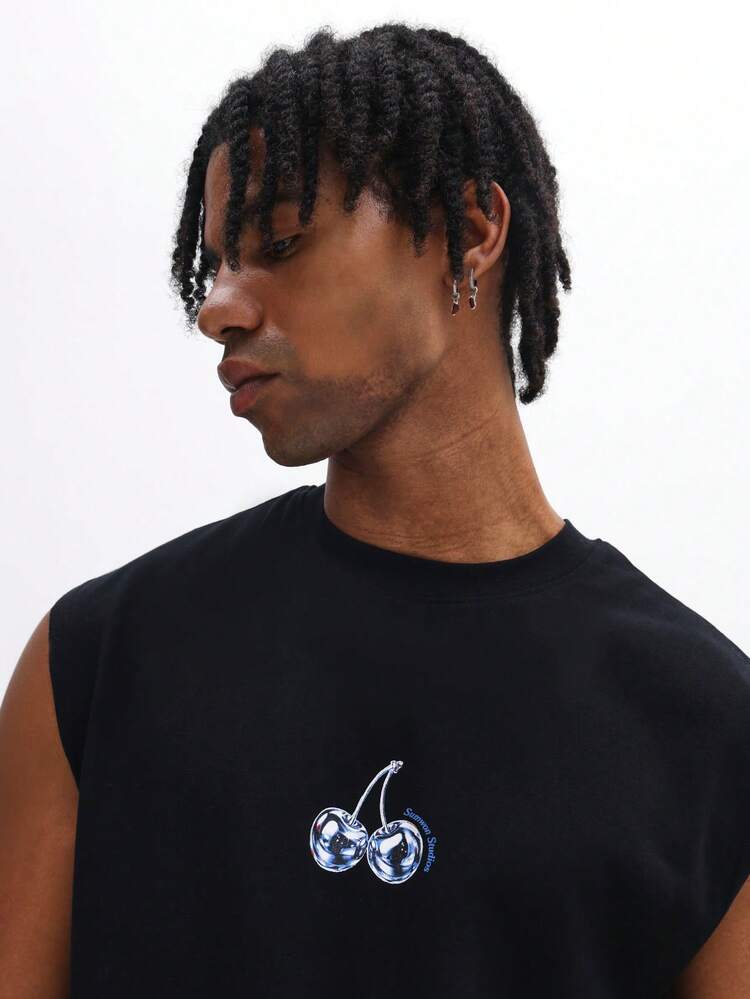 Canotta da uomo senza maniche con grafica di ciliegie, collo a equipaggio, stile estivo fashion, top muscolare, design vintage con stampa di frutta