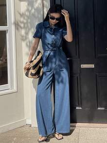DAZY Conjunto de top con lazo y pantalones vaqueros casuales para mujer, vestido de invitada de boda de verano para mujer - Azul - Ver 6