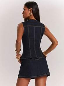 SHEIN BAE Women's Cutout Zipper Front Sleeveless Sexy Denim Crop Top - Dark Wash - View 2