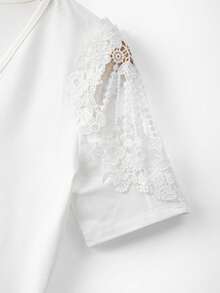 GlowEve Women's White V-Neck Short Sleeve Embroidered Ruffle Trim Fitted Waist Slim Sexy Commuter Versatile Chic Design T-Shirt, Spring/Summer - White - View 4