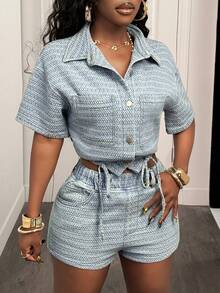 Slaydiva 女士短袖单排扣口袋休闲牛仔衬衫 - 淺色水洗藍 - 查看 4