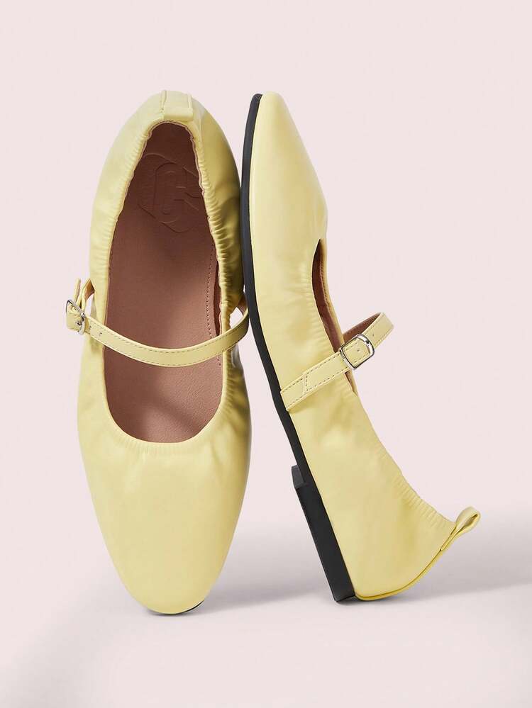 CUCCOO DOLLMOD Women Shoes Light Yellow Pleated Mary Jane Flats, Metal Buckle, Fresh And Comfortable Commuter Dating Temperament Shoes