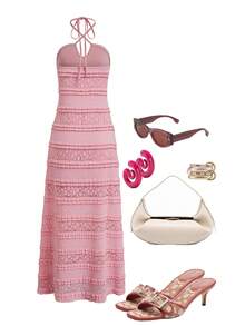 SHEIN LUNE Women's Contrast Lace Multi-Layer Ruffle Hem Elegant Halter Neck Dress - Pink - View 2
