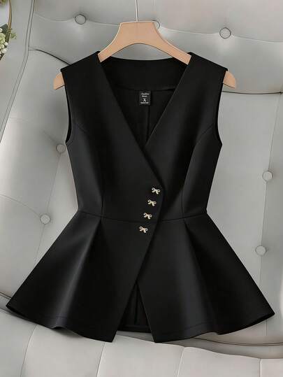 GlowEve CURVE Plus Size Women Casual Woven Metallic Bow Button Design Vest