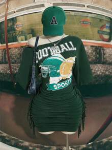 SHEIN ICON Plus Size Women's Casual Fashion Street Football Print Asymmetrical Neck Tassel Ruched Fitted Dress, Summer - Green - View 1