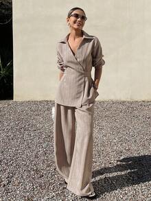 Livesso 春夏宽松商务休闲度假风时尚办公装条纹收腰V领上衣搭配阔腿休闲裤两件套女装 - 駝色 - 查看 2