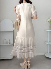 FRIFUL Women's Solid Color Patchwork Sheer Lace Ruffle Hem Fitted Casual Dress, Suitable For Spring And Summer Sundress - White - View 2