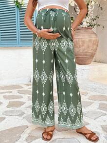 SHEIN Summer Outfit Vacation   Green Bohemian Print Maternity Loose-Fitting Pants With Elastic Waistband Maternity Geometric Pattern Tie-Waist Wide Leg Pants For Vacation - Green - View 3