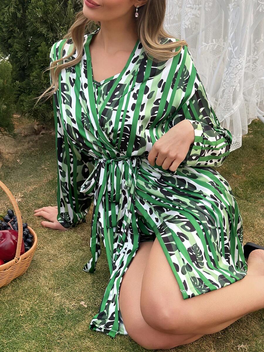 DAZY 女士条纹热带植物图案睡袍和吊带睡衣套装 - 綠色 - 查看 1