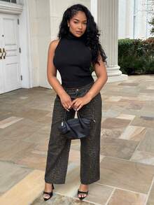 Alexandranx 女士秋冬新款高领无袖紧身罗纹黑色背心毛衣，适合日常穿着 - 黑色 - 查看 5