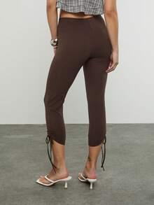 COUREZ 低腰系带针织七分裤 / Y2K 春季女装 棕色七分裤 可爱外出装 夏季度假装 夏季假日装 性感装 - 棕色 - 查看 3