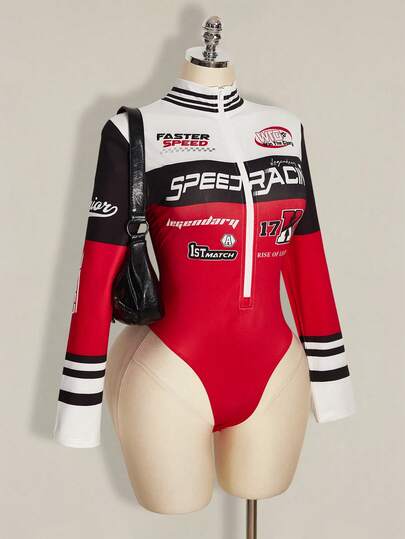 SHEIN ICON Women's Plus Size Spring/Summer Retro Sexy Fashionable Avant-Garde Sporty Casual Racing Element Letter Badge Pattern Stand Collar Zipper Long Sleeve Red Slim Fit Jumpsuit