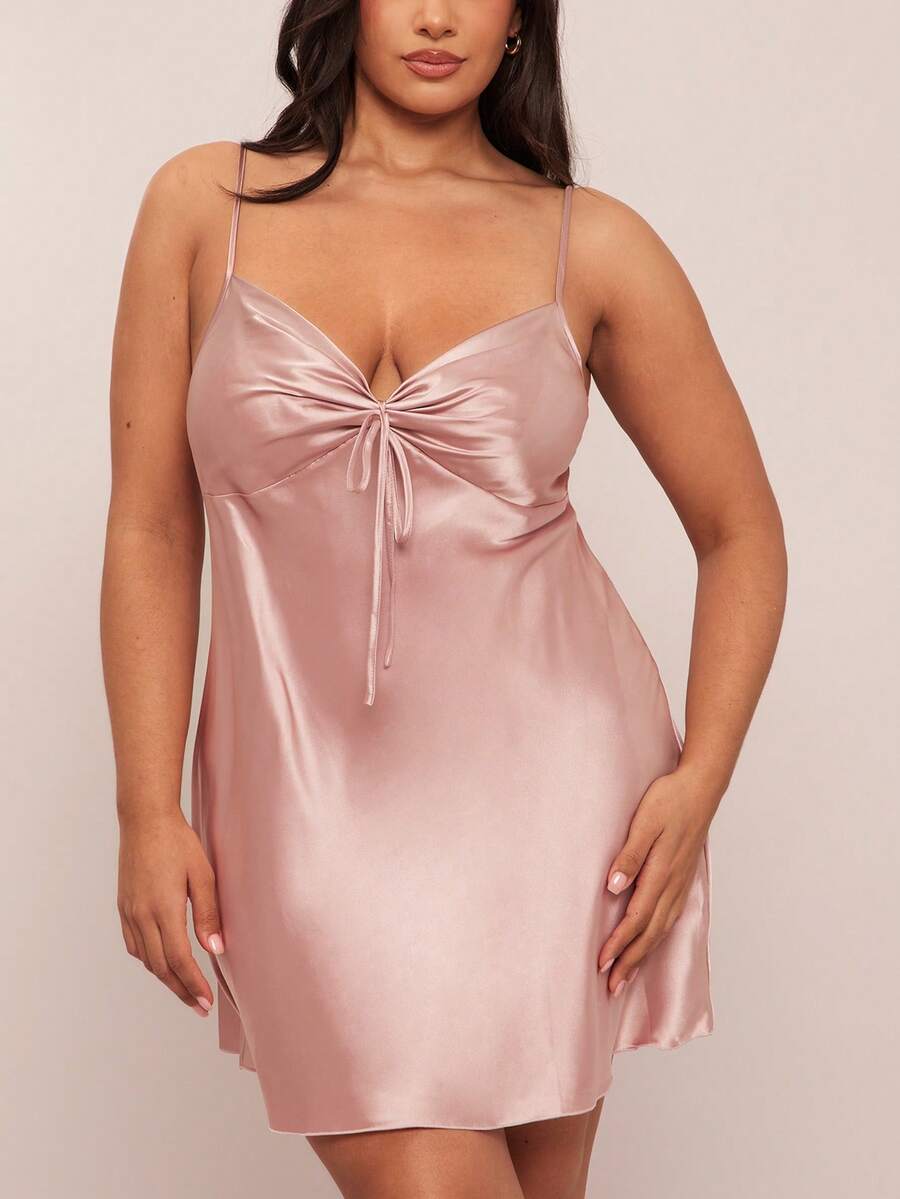 SHEIN BAE Plus Size Front Pleated Bowknot Band Simulation Silk Camisole Nightdress - Dusty Pink - View 1