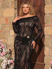 Glamrae 大码优雅浪漫黑色露背长袖鱼尾正式礼服，带拖尾裙摆（精致设计） - 黑色 - 查看 4