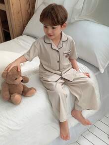 DAZY Young Boy Single-Breasted Patch Short Sleeve Top And Pants Casual Loungewear Pajama Set - Apricot - View 7