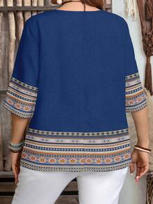 EMERY ROSE Casual Minimalist Blue Base Geometric Striped Print Women Short Sleeve Shirt, Suitable For Spring & Summer - Multicolor - View 3