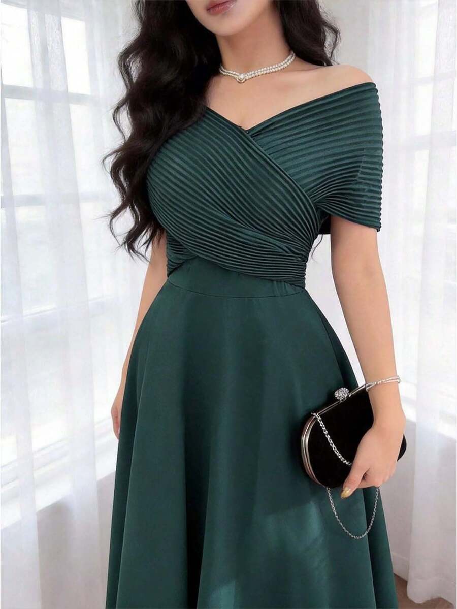 Feyla 女士纯色简约中长连衣裙,休闲日常穿着 - 綠色 - 查看 1