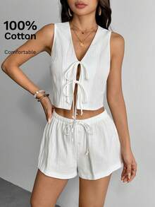 SHEIN PETITE Women's 100% Cotton 2 Pieces Set White Summer Boho Vacation Holiday Solid Color Tie Front Cropped Sleeveless Top And Shorts Casual Co Ord Outfit - White - View 14