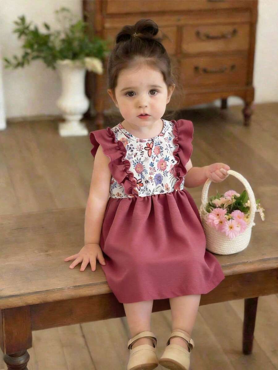 فستان طفلة رضيعة/صغيرة بلون أحادي بسيط مع طباعة نمط - الأحمر - مشاهدة 1