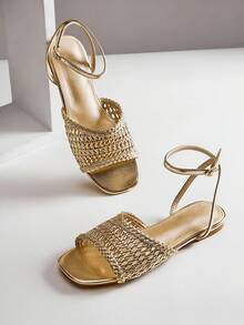 SHUZIA 女士时尚休闲舒适编织PU踝带平底凉鞋 - 金色 - 查看 5