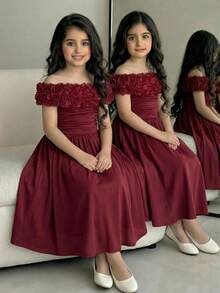 SHEIN Đầm ngắn tay trễ vai thanh lịch, thời trang dành cho bé gái tuổi teen - Màu Đỏ Sâu - Xem 6