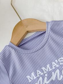 年輕女孩字母圖案短袖T恤和短褲 - 紫色 - 查看 3