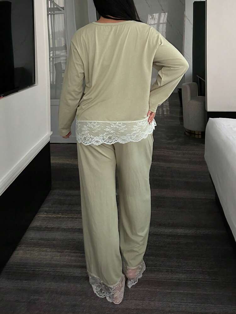 Dazy Plus Elegant Contrast Lace Loose Pajama Set, Including Lace Trim Top And Pants, Suitable For Spring And Autumn