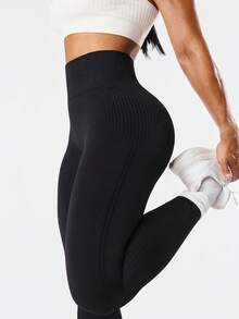 Seamluxe SHEIN Sport 女士纯色高腰休闲健身紧身裤 - 黑色 - 查看 2