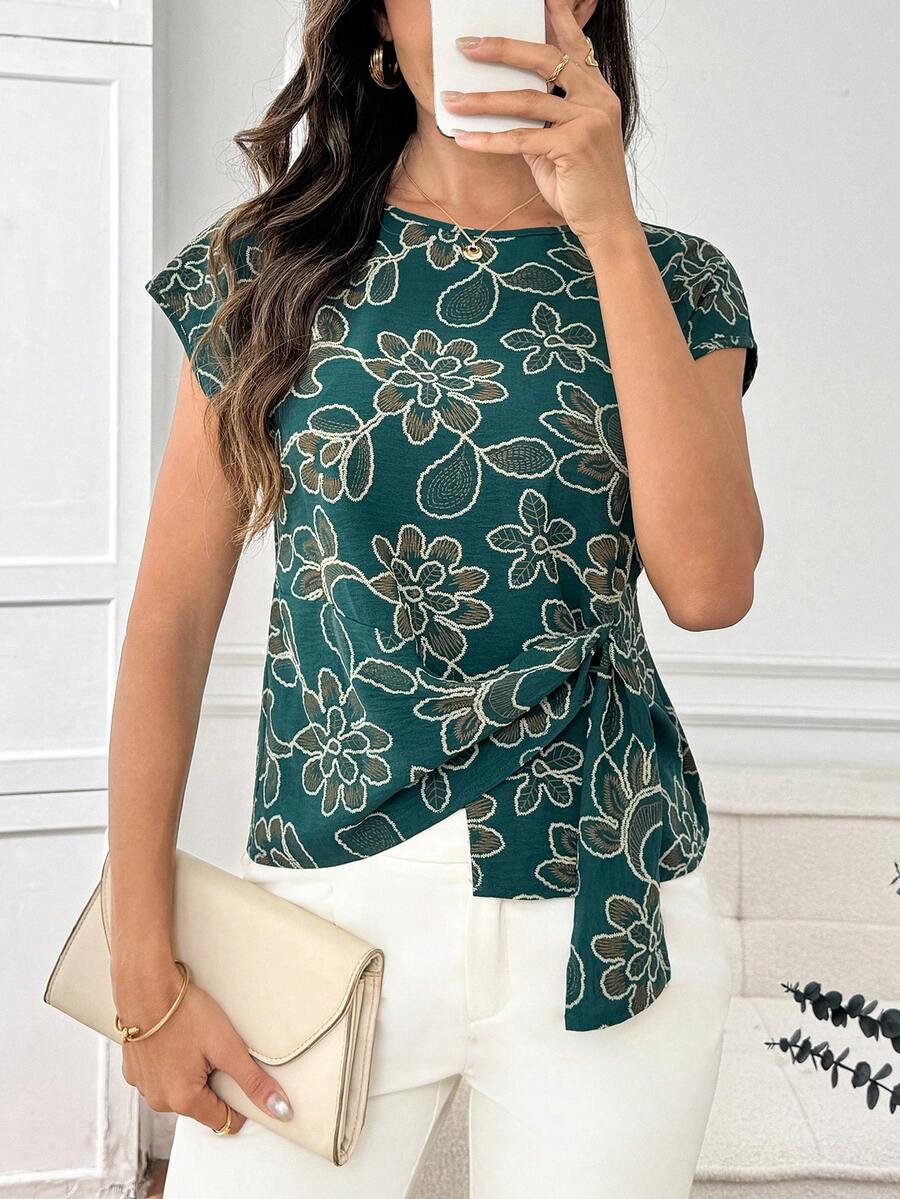 Miaspire 女士碎花圆领不对称下摆休闲上衣 - 彩色 - 查看 1