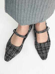 Mnmlis Giày Mary Jane bằng len đơn giản, thời trang, gót thấp, mũi nhọn, kiểu Pháp, dành cho nữ. - Vàng đen - Xem 5