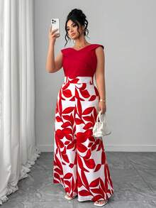 Elenzga 大码女士优雅休闲度假简约V领无袖收腰显瘦长款印花休闲红色连体裤 - 紅色 - 查看 1