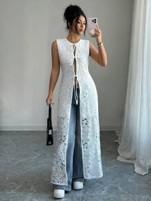 SHEIN Raffinéa Women's Elegant Lace-Up Long Dress, Summer - White - View 7