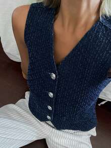 Livesso Women's V-Neck Single-Breasted Casual Denim Vest - Medium Wash - View 3