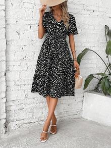EMERY ROSE Dalmatian Print Knot Front Ruffle Hem Dress Maxi Women Outfit - Black - View 4