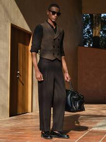 AKNOTIC Business Casual 男士纯色双排扣商务休闲马甲 男士棕色马甲 男士无袖服装 男士秋季系列 - 咖啡棕 - 查看 4