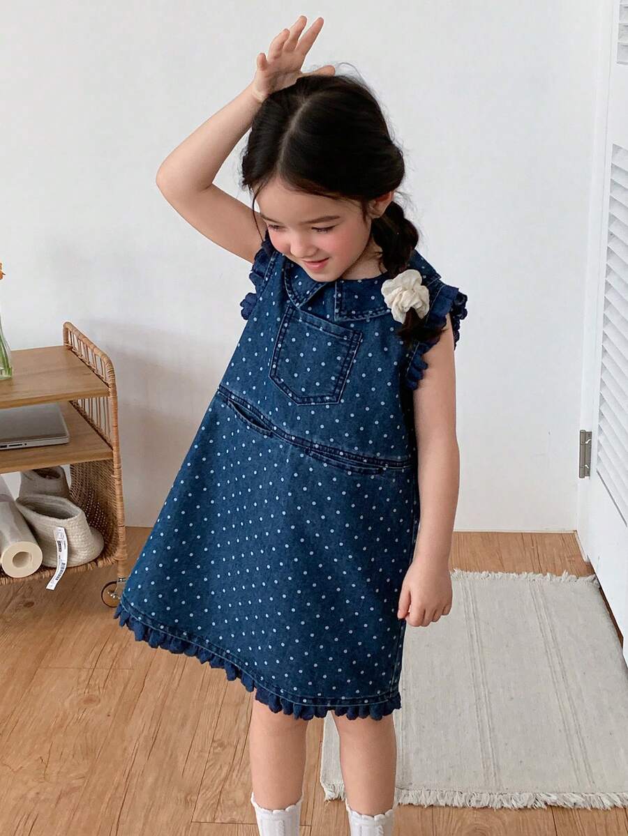 DAZY Young Girl Fashionable Unique Ruffle Sleeve Polka Dot Denim Dress - Blue - View 1