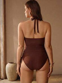 Swim Chiccia Bộ bikini gợi cảm dành cho nữ cỡ lớn, gồm áo bơi cổ yếm xếp ly ở eo và quần bơi tam giác kiểu hộp đêm. - màu nâu - Xem 2