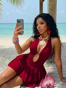 Slaydiva 女士纯色褶皱露背吊带性感迷你连衣裙，适合约会和派对；女士泳衣；收腹Y2K连衣裙；羊毛两件套；令人惊艳的连衣裙 - 酒紅色 - 查看 6