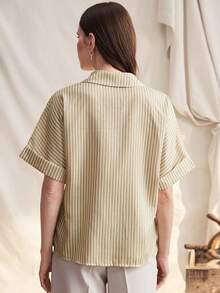 Zovinel Women's Blue And White Striped Short Sleeve Shirt Blouse,Summer Elegant Retro Design Sense Professional Work Top For Office,Brunch,Vacation,Fashion - Multicolor - View 2