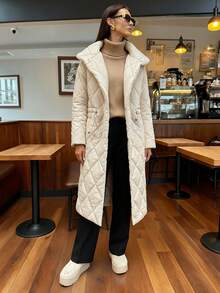 EURMUSE Quilted Longline Jacket With Diamond Stitch Detail / Diamond-Stitch Long Puffer – Lightweight & Stylish - Beige - View 1