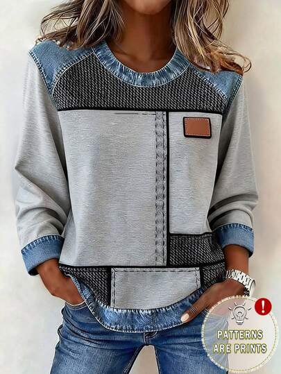 EMERY ROSE Camiseta de manga larga de uso diario casual con cuello redondo y bloque de color para mujer